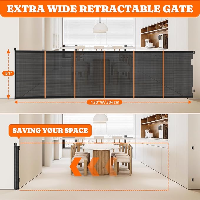 Extra Tall Retractable Baby Gates: 51" Tall Pet Gate, Extend up to 120" Wide, Mesh Baby Gate with Support Rods Jump-Proof Design for Cats &amp; Large Dogs High Dog Cat Door Indoor Outdoor, Black