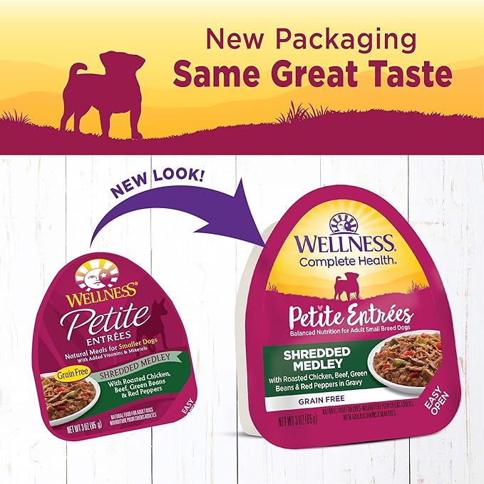 Wellness Petite Entrées Shredded Medley with Roasted Chicken, Beef, Green Beans &amp; Red Peppers, 3-Ounce Cup (Pack of 12)