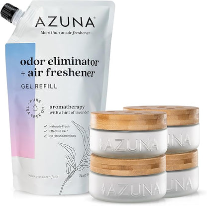 Azuna Air Freshener &amp; Odor Eliminator for Strong Odor | 4 Room Kit Includes (4) Empty Luxe Glass Jar &amp; 24oz Gel Refill with Tea Tree Essential Oil | Aromatherapy | Last 60-90 Days