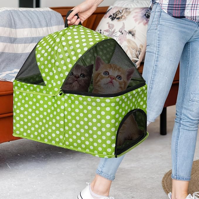 Magshion Foldable Pet Stroller, 3-in-1 Dog Travel Jogger with Detachable Carrier, Cup Holder, Storage Basket, Folding Carrier for Small/Medium Dogs &amp; Cats Up to 33 lbs, Lawn Green Polka Dots