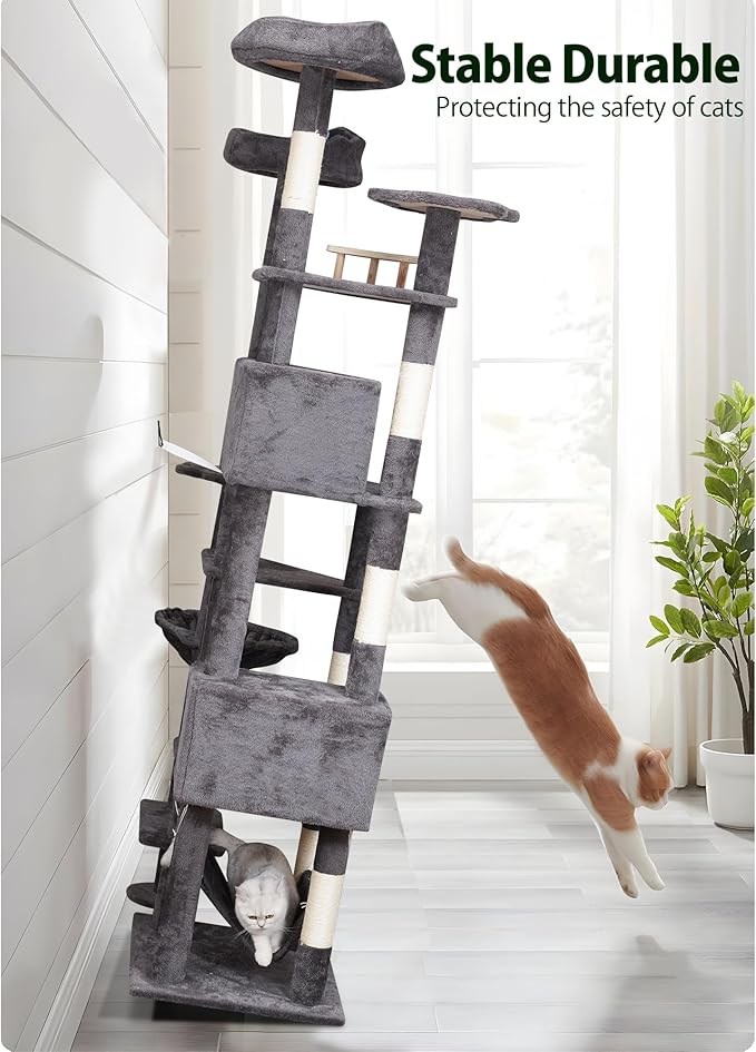 85in Giant Cat Tree for Heavy Duty Big Cats, Large Cat Trees with Scratching Post, Cat Tree Tower with Cat Condos, Hammock &amp; Plush Perch for Maine Coon, Smoky Gray