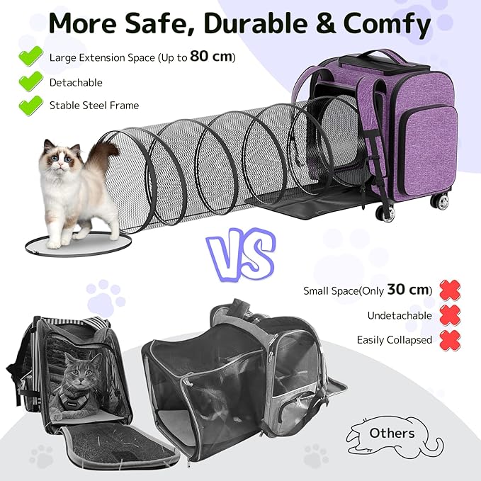 Rolling Cat Carrier with Wheels Dog Carrier for Small Dogs &amp; Medium Cats, Expandable Pet Carrier on Wheels with Cat Play Tunnel, Large Capacity, Breathable Mesh, Side Pocket, Purple