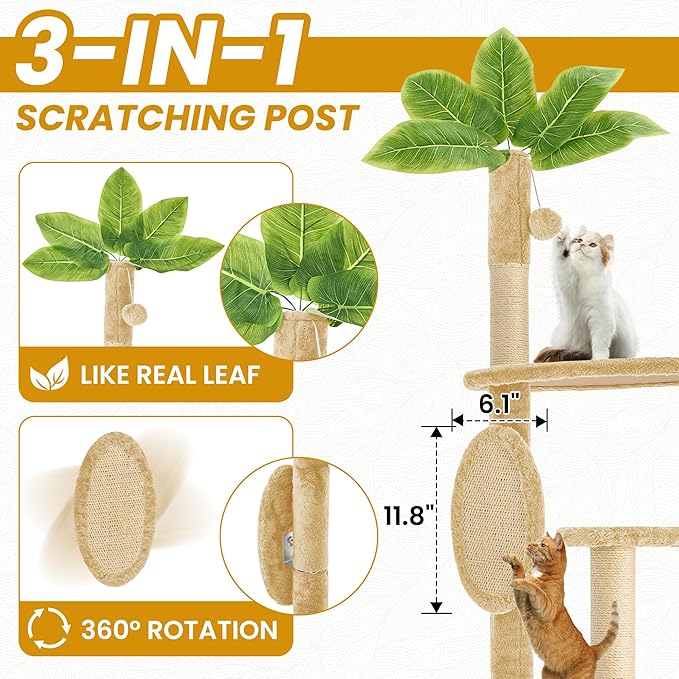 55 Inch Large Cat Tree Tower for Indoor Cats with Hammock Green Leaves Sisal Scratching Post, Plush Hang Ball Play Furniture for Kittens &amp; Adult Cats, New Beige