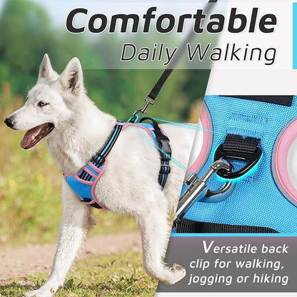 Eagloo Dog Harness for Large Dogs, No Pull Service Vest with Reflective Strips and Control Handle, Adjustable and Comfortable for Walking, No Choke Pet Harness with 2 Metal Rings, Pink &amp; Blue, L