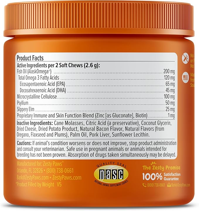 Zesty Paws Hairball Bites for Cats - Cat Furball Support - Functional Supplement with Omega 3 Fish Oil EPA &amp; DHA + Zinc, Biotin &amp; Psyllium Husk - Supports Gut &amp; Skin Health - 60 Count