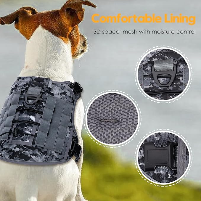 Heavy-Duty Tactical Dog Harness for Large Dogs, No Pull Adjustable Reflective Pet Vest with Molle System, K9 Military-Grade Control for Service Training, Outdoor &amp; 10+ Breeds, Gray Camo, Large