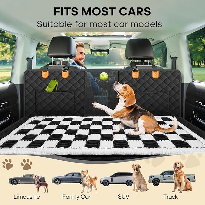 Backseat Pet Bed Mat, Non-Slip Plaid Dog Bed for Car Back Seat, Flannel Backseat Dog Bed, Fit for Backseat Extenders and Trucks SUVs (Black&amp;White, 24.8x54 inch)