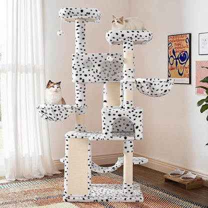 SHA CERLIN 65in Larger Cat Tree Tower Condo for Indoor Kitties/Multi-Level Furniture Activity Center with Wide Base/Cozy Plush Perches/Baskets/Sisal Scratching Posts and Hammock/White &amp; Black Spot