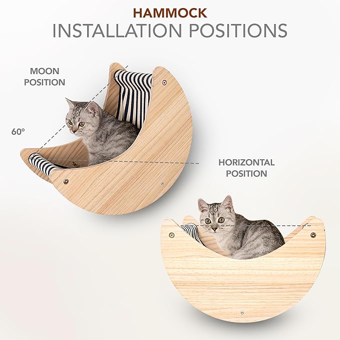 3-Piece Cat Wall Furniture Set - Hammock, Hexagon House, Climbing Steps - Wall Mounted Shelves, Perches, and Beds - Modern Design for Large Cats and Kittens &amp; Spare Hammock Fabric Included