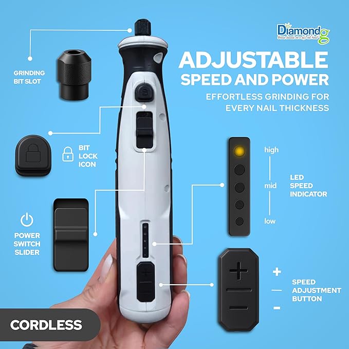Diamondg Cordless Dog Nail Grinder with Quiet Sound &amp; LED Tip for Large &amp; Small Dogs, 4hrs. Runtime, 2 Bits Included, White