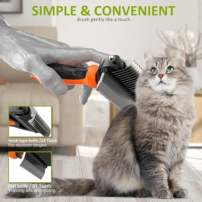 Spring Blossoms-2 in 1 Professional Grooming Rake for Cats &amp; Dogs-Dematting Comb for Easy Mats &amp; Tangles Removing,Pet Brush Safe No More Nasty Shedding and Flying Hair (Orange)