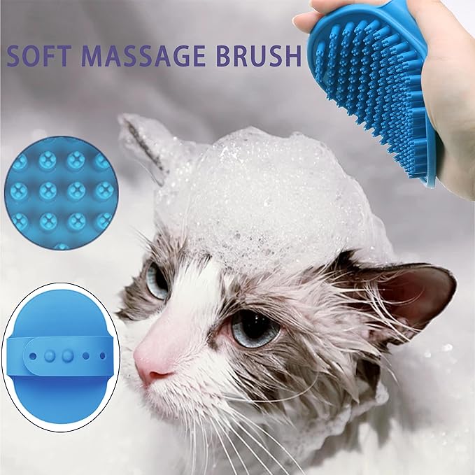Cat Grooming Brush Kit 6 Tools - Deshedding &amp; Dematting for Long/Short Hair, Self-Cleaning Slicker Brush with 6-in-1 Flea Comb for Cats &amp; Kittens (Blue)