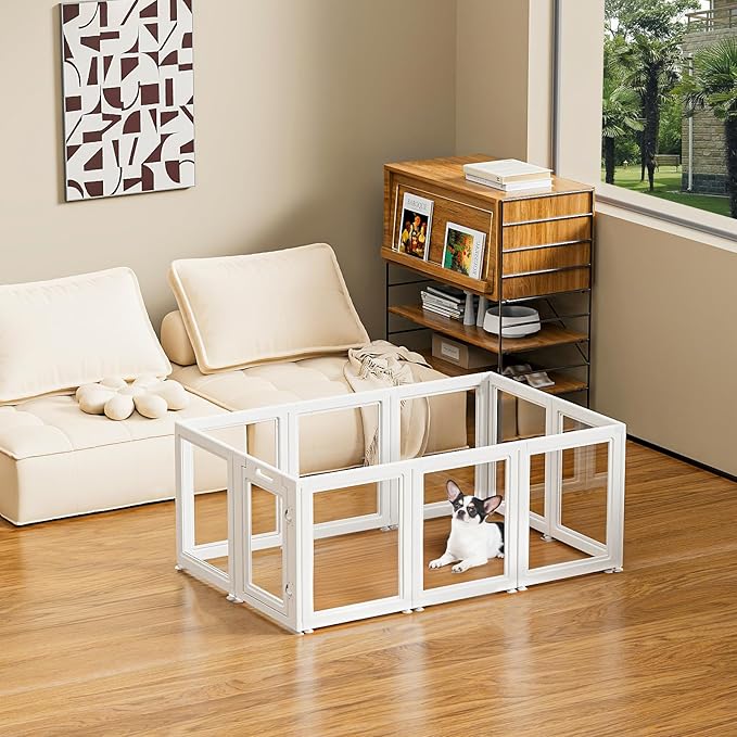 Dog Playpen Transparent Puppy Playpen Indoor, Easy Assemble &amp; Disassemble Clear Pet Playpen, Sturdy &amp; Easy Cleaning Plastic Dog Fence with Suction Cup (23.6"" H, 10PCS), White
