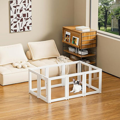 Dog Playpen Transparent Puppy Playpen Indoor, Easy Assemble &amp; Disassemble Clear Pet Playpen, Sturdy &amp; Easy Cleaning Plastic Dog Fence with Suction Cup (23.6"" H, 10PCS), White