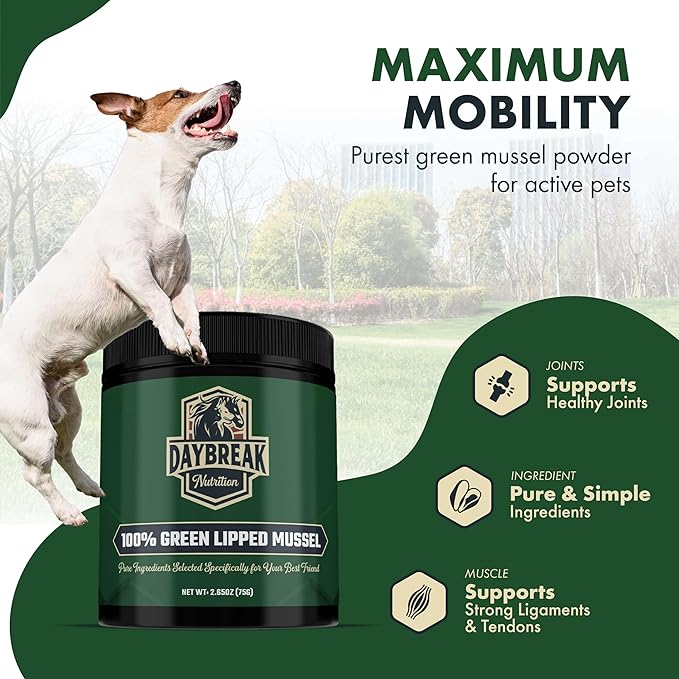 Pure Green Lipped Mussel Powder for Dogs and Cats - 100% New Zealand Green Lipped Mussels - Anti Inflammatory Supplement &amp; Vitamins to Help Your Pet Deal with Arthritis, Joint Pain Relief - 75 Grams