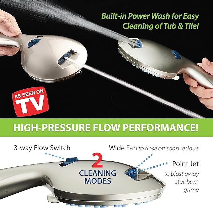 Hotel Spa AquaCare As-Seen-On-TV High Pressure 48-setting Rain &amp; Handheld 3-way Shower Head Combo - Anti-clog Nozzles/Tub, Tile &amp; Pet Power Wash/Extra Long 6 ft. Hose/Satin Nickel Finish
