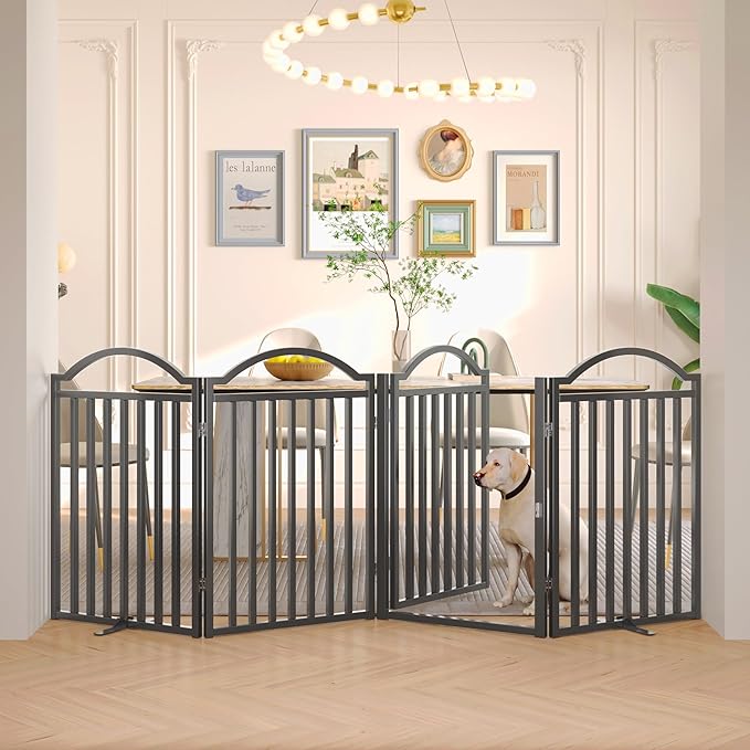 BHG Metal No-Assembly Freestanding Dog Gate with Door Walk Through, Extra Wide 96", Extra Tall 32" Pet Gate, Accordion Puppy Folding Playpen Dog Fence for Indoor &amp; Outdoor, with 2PCS Support - Black
