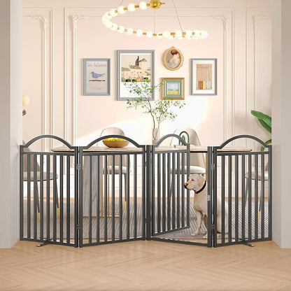 BHG Metal No-Assembly Freestanding Dog Gate with Door Walk Through, Extra Wide 96", Extra Tall 32" Pet Gate, Accordion Puppy Folding Playpen Dog Fence for Indoor &amp; Outdoor, with 2PCS Support - Black