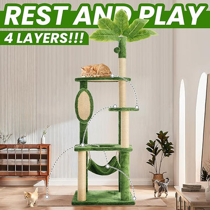 55 Inch Large Cat Tree Tower for Indoor Cats with Hammock Green Leaves Sisal Scratching Post, Plush Hang Ball Play Furniture for Kittens &amp; Adult Cats,New Green