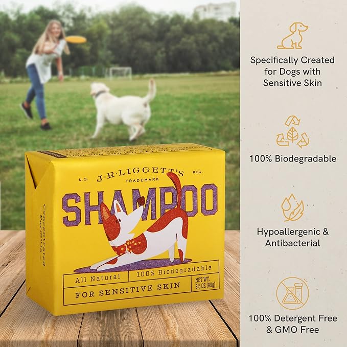 JR Liggett’s Natural Dog Shampoo Bar for Sensitive Skin - 100% Detergent Free, Non-GMO &amp; Biodegradable - Tear-Free, Hypoallergenic Formula Soothes Dry Itchy Skin - Safe for Puppies - 3.5 oz Bar