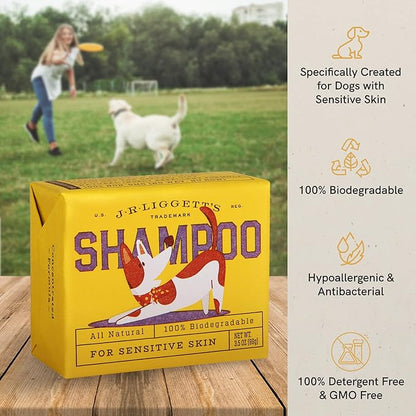 JR Liggett’s Natural Dog Shampoo Bar for Sensitive Skin - 100% Detergent Free, Non-GMO &amp; Biodegradable - Tear-Free, Hypoallergenic Formula Soothes Dry Itchy Skin - Safe for Puppies - 3.5 oz Bar