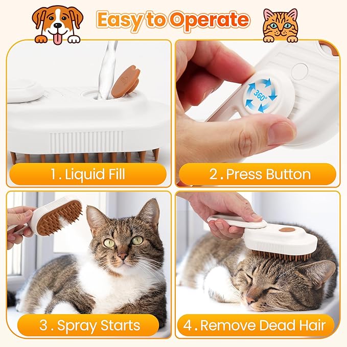 Cat Steam Brush for Shedding, 4-in-1 Rechargeable Steam Pet Brush for Cats &amp; Dogs, Anti-Static, Gentle Fur Removal &amp; Combing, Ideal for Short &amp; Long Hair Pets, Easy to Use