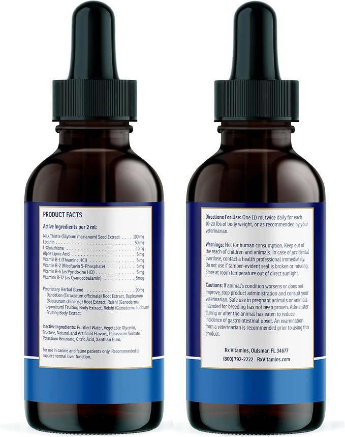 Rx Vitamins Liquid Hepato Support for Dogs &amp; Cats - Liver Support Supplement with Milk Thistle for Dogs (Silymarin &amp; Silybinin) and Vitamin B - Bacon Flavor (4oz)