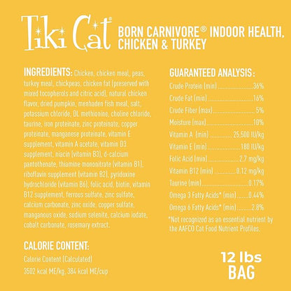 Tiki Cat Born Carnivore Indoor Health Dry Cat Food, Chicken &amp; Turkey Meal, 12 lbs. Bag