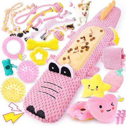 KIPRITII 25-Pack Pink Dreamy Dog Toy Set for Small Female Puppies - Includes Sweet Rope Toys, Chew Toys, Cute No-Stuffing Squeaky Dog Toy for Boredom and Teething