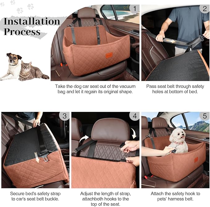 Dog Car Seat for Medium &amp; Large Dogs Up to 55lbs, Memory Foam Cushion, Washable Cover, Safety Straps &amp; Non-Slip Base (Brown, Large)
