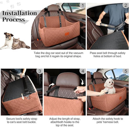 Dog Car Seat for Medium &amp; Large Dogs Up to 55lbs, Memory Foam Cushion, Washable Cover, Safety Straps &amp; Non-Slip Base (Brown, Large)