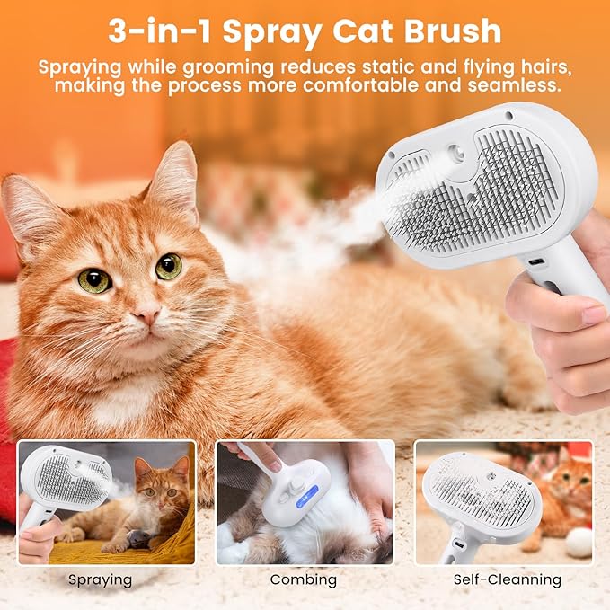 3 in 1 Cat Steam Brush, Pet Steam Brush for Cat Dog Long Short Haired, Pet Spray Hair Removal Comb for Small Animals Shedding &amp; Grooming, Water Mist Spray Brushes with Release Button(White)