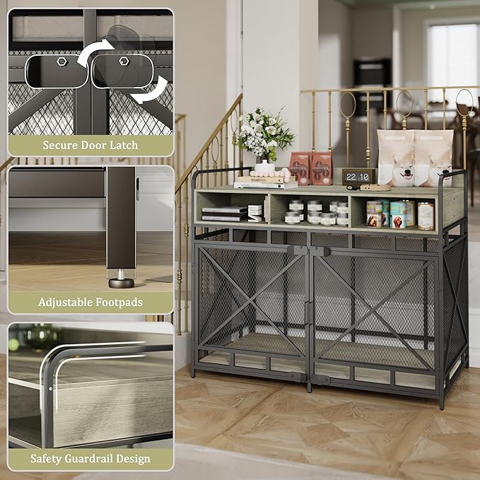 Dog Crate Furniture, 48" Heavy Duty Wooden Dog Crate End Table, XL Dog Kennel Furniture Large Breed, Decorative Dog Kennel Indoor with 3 Drawers &amp; Steel Tubes 48" L x28 W x38 H (Grey)