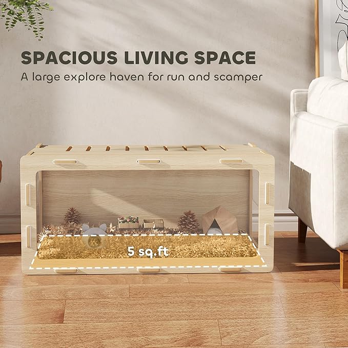 PawHut Hamster Cage with Easy View Acrylic Panels, Small Animal Cage with Air Vents &amp; Openable Roof, Large Habitat for Dwarf, Gerbil, Guinea Pig, Rat, 39" x 20" x 18.5", Oak