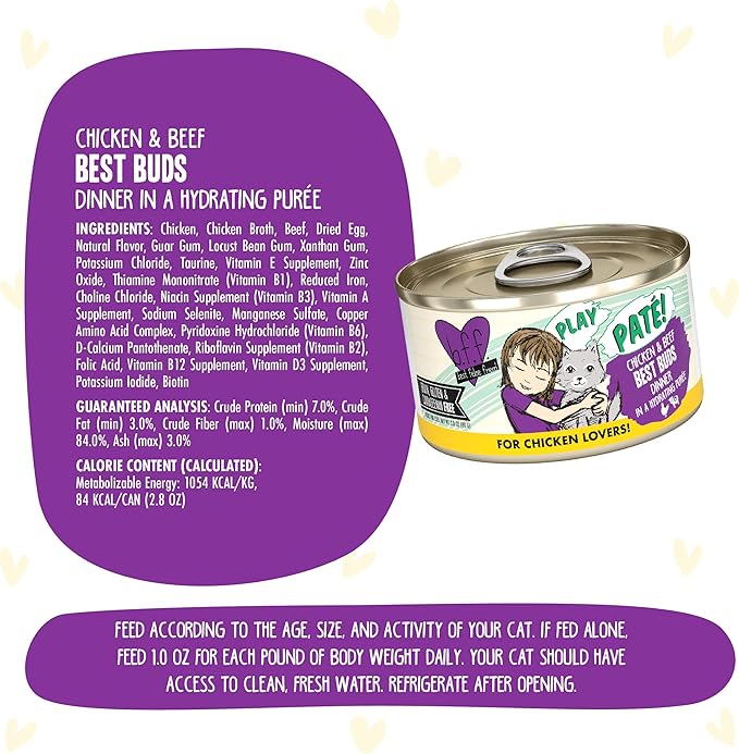Weruva B.F.F. Play - Best Feline Friend Paté Lovers, Aw Yeah!, Chicken &amp; Beef Best Buds with Chicken &amp; Beef, 2.8oz Can (Pack of 12)