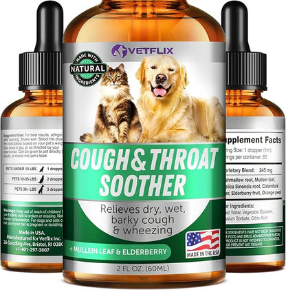 Kennel Cough Treatment for Dogs &amp; Cats - Made in USA - Dog Allergy &amp; Cat Asthma Relief - Mullen Leaf &amp; Elderberry Blend - Dry, Wet &amp; Barky Cough Relief for Dogs &amp; Cats - All Breeds &amp; Sizes - 2 Fl Oz