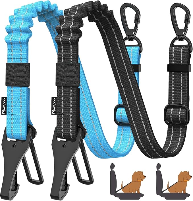 Pawaboo 2Pack Dog Seatbelt for Car, 3-in-1 Dog Seat Belt Bungee, Shockproof Dog Tether for Car with Buckle &amp; Hook Latch, Adjustable Reflective Dog Car Harness Leash with 360° Lockable Buckle, Blue