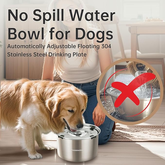 5.6L/190oz Large Dog Water Bowl No Spill, No Drip Dog Water Dispenser with Floating Disk, Stainless Steel Slow Drinking Bowl for Small Medium &amp; Large Dogs