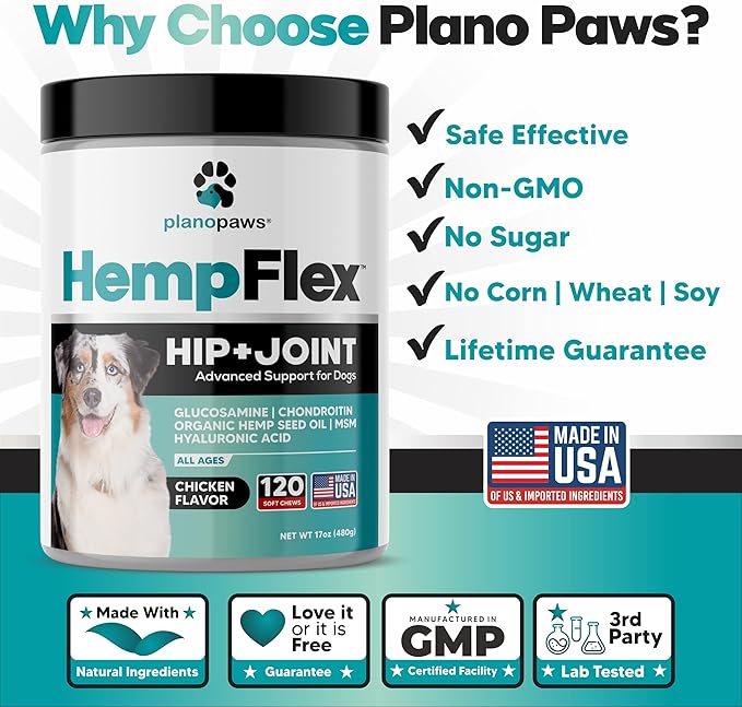 HempFlex - Glucosamine Chondroitin for Dogs - Hemp Oil for Dogs - Safe Dog Joint Supplement for All Breeds - 120 Mobility Hemp Dog Treats - Hip &amp; Joint Support for Dogs - Joint Supplement for Dogs