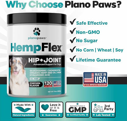 HempFlex - Glucosamine Chondroitin for Dogs - Hemp Oil for Dogs - Safe Dog Joint Supplement for All Breeds - 120 Mobility Hemp Dog Treats - Hip &amp; Joint Support for Dogs - Joint Supplement for Dogs