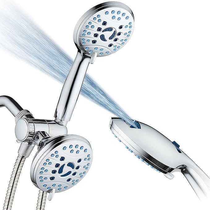 Hotel Spa AquaCare As-Seen-On-TV High Pressure 48-setting Rain &amp; Handheld 3-way Shower Head Combo - Anti-clog Nozzles/Tub, Tile &amp; Pet Power Wash/Extra Long 6 ft. Hose/All Chrome Finish