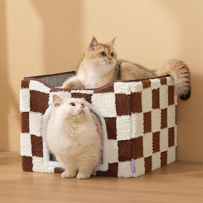 Lesure Indoor Cat Beds Kitten House - Large Cat Cave for Pet Cube with Fluffy Ball Hanging, Foldable Small Animal Hideaway, 16.5x16.5x13 inches, Brown Checks