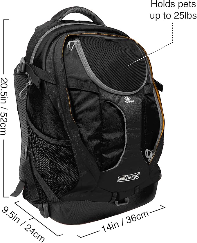 Kurgo G-Train - Dog Carrier Backpack for Small Pets - Cat &amp; Dog Backpack for Hiking, Camping or Travel - Chest Straps &amp; Hip Belt - Reflective - Two Water Bottle Sleeves - Waterproof Bottom (Black)