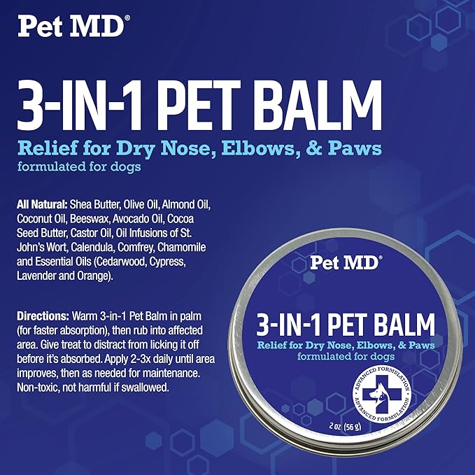 Pet MD Dog Paw Balm - 3-in-1 Paw, Nose/Snout, &amp; Elbow Moisturizer &amp; Paw Protectors for Dogs - 2 oz Paw Wax with Shea Butter, Coconut Oil, &amp; Beeswax