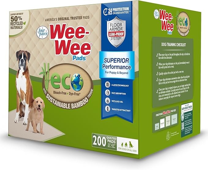 Four Paws Wee-Wee Superior Performance Bamboo Pee Pads for Dogs, Earth Friendly Dog &amp; Puppy Potty Training Pads, Crate Liners, Housebreaking Supplies, 22" x 23" (200 Count)