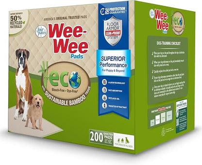 Four Paws Wee-Wee Superior Performance Bamboo Pee Pads for Dogs, Earth Friendly Dog &amp; Puppy Potty Training Pads, Crate Liners, Housebreaking Supplies, 22" x 23" (200 Count)