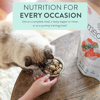Meow Chicken &amp; King Salmon Freeze Dried Raw Cat Food, Mixer, or Topper, or Treat - High Protein, Natural, Limited Ingredient Recipe 9.9 oz