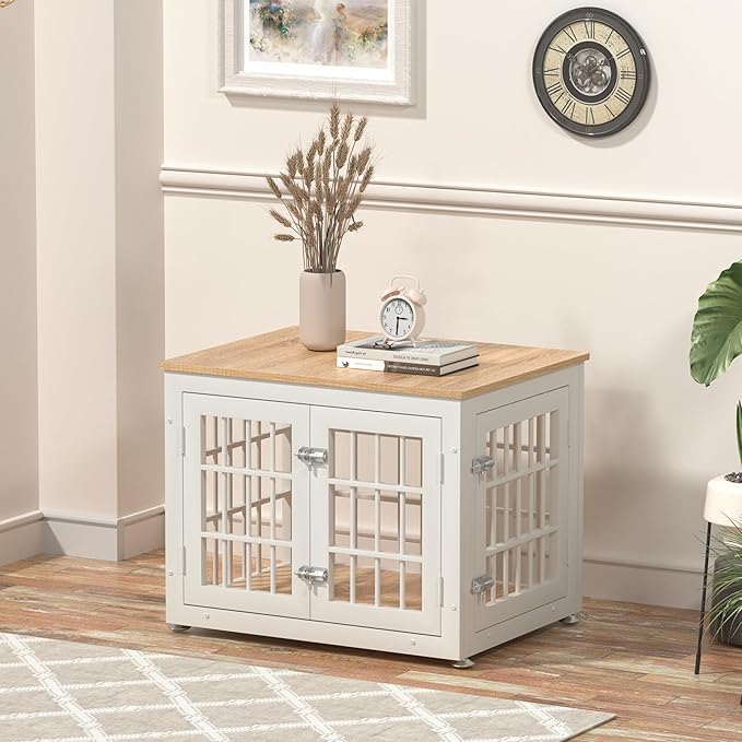 26 Inch Heavy Duty Dog Crate Furniture for Small Dogs, Decorative Pet House End Table, Wooden Cage Kennel Furniture Indoor, White and Natural