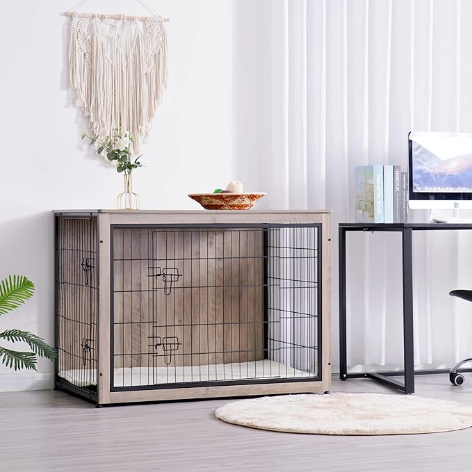 DWANTON Dog Crate Furniture with Cushion, Wooden Kennel Table with Double Doors, Indoor Dog House, Extra Large Size, 43.3" L, Greige