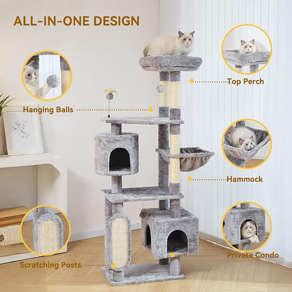Hoopet 70-Inch Large Cat Tree for Multiple Cats Cat Tower with 2 Condos, Scratching Posts, Hammock &amp; Platform, Plush Perch for Indoor Activity Relaxing Easy Assembly Grey